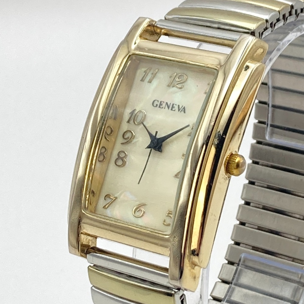 Geneva Womens Tank Watch Boyfriend Silver Gold Tone MOP Stretch Band New Battery